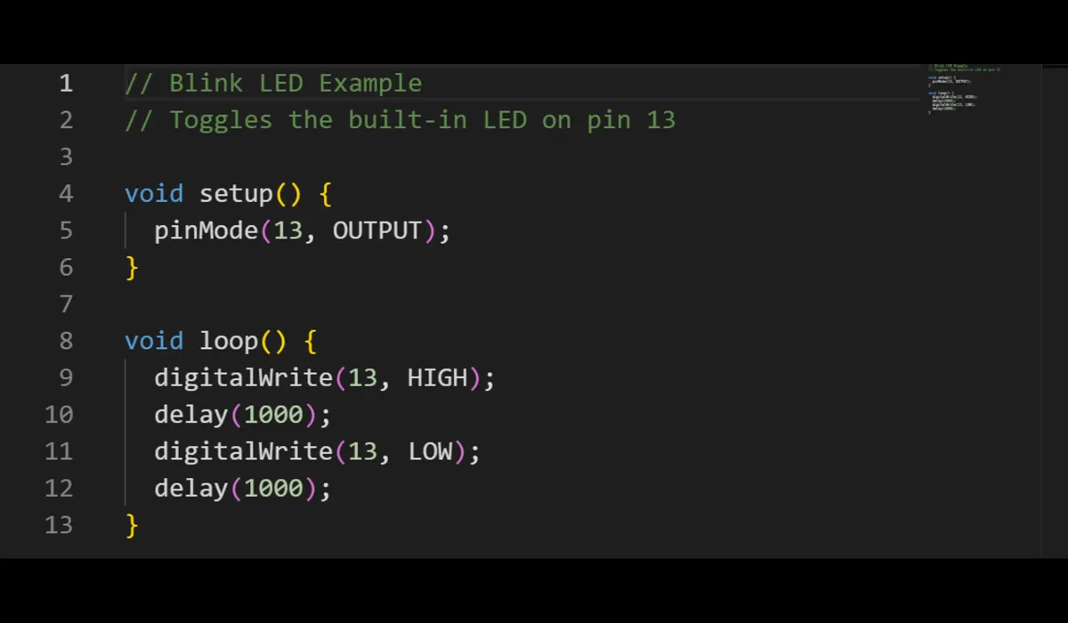 Arduino blink sketch in the simulator code editor: pinMode, digitalWrite and delay on pin 13