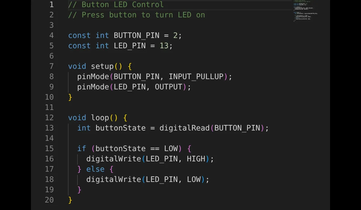 Arduino sketch using INPUT_PULLUP and digitalRead to control an LED with a pushbutton