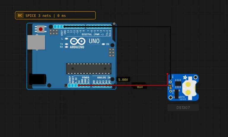 Arduino Uno connected to a DS1307 real-time clock module over I2C in a circuit simulator