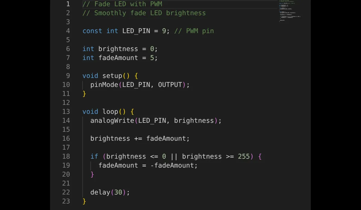Arduino fade sketch using analogWrite with brightness and fadeAmount variables