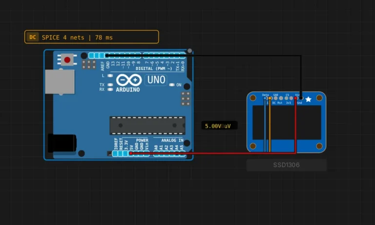 Arduino Uno wired to an SSD1306 OLED over I2C on pins A4 and A5 in a circuit simulator
