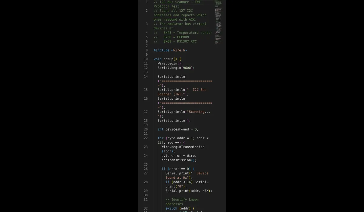 Arduino I2C bus scanner sketch probing addresses 1 to 126 with the Wire library
