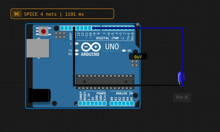 Arduino Uno with a blue LED wired to PWM pin 9 in a browser circuit simulator