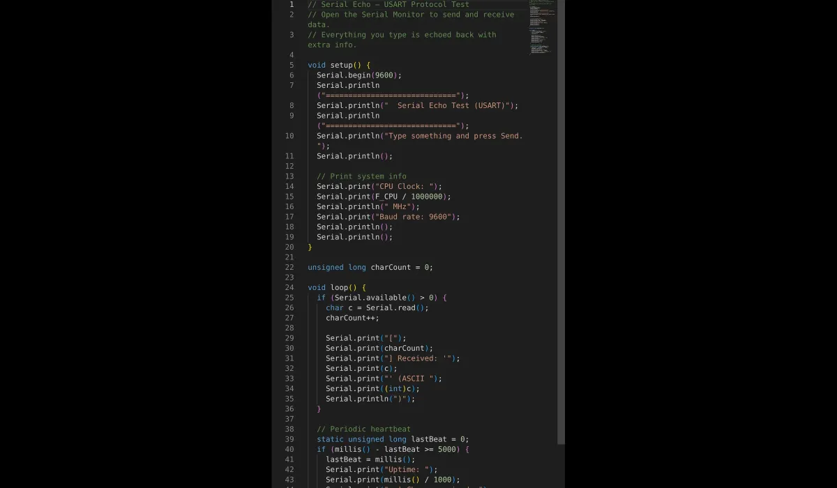 Arduino serial echo sketch with Serial.available, Serial.read and a millis heartbeat in the code editor