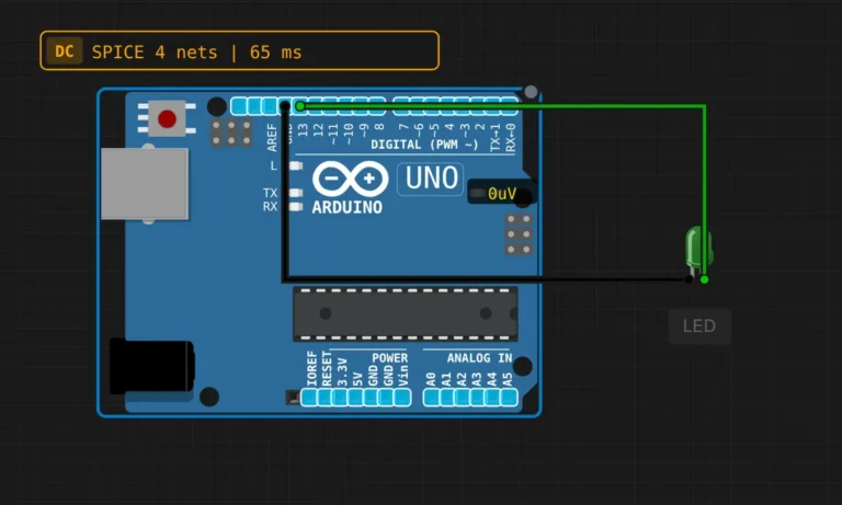 Arduino Uno with a green LED on pin 13 for serial command control in a circuit simulator