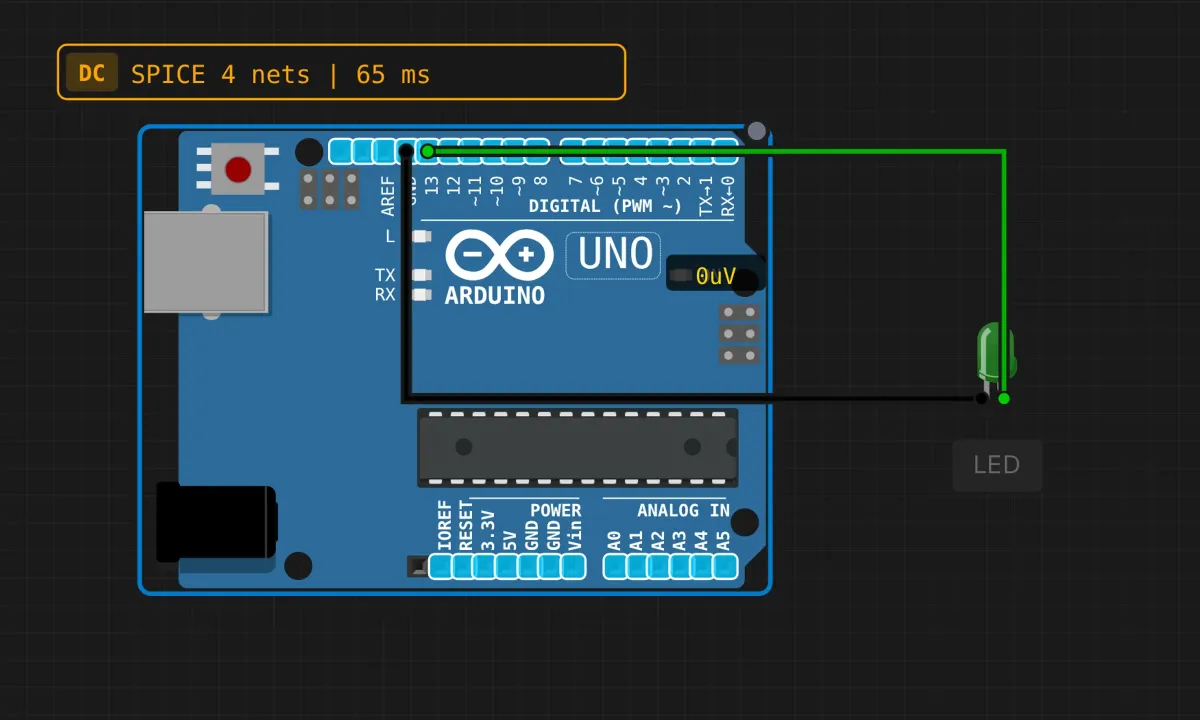 Arduino Uno with a green LED on pin 13 for serial command control in a circuit simulator