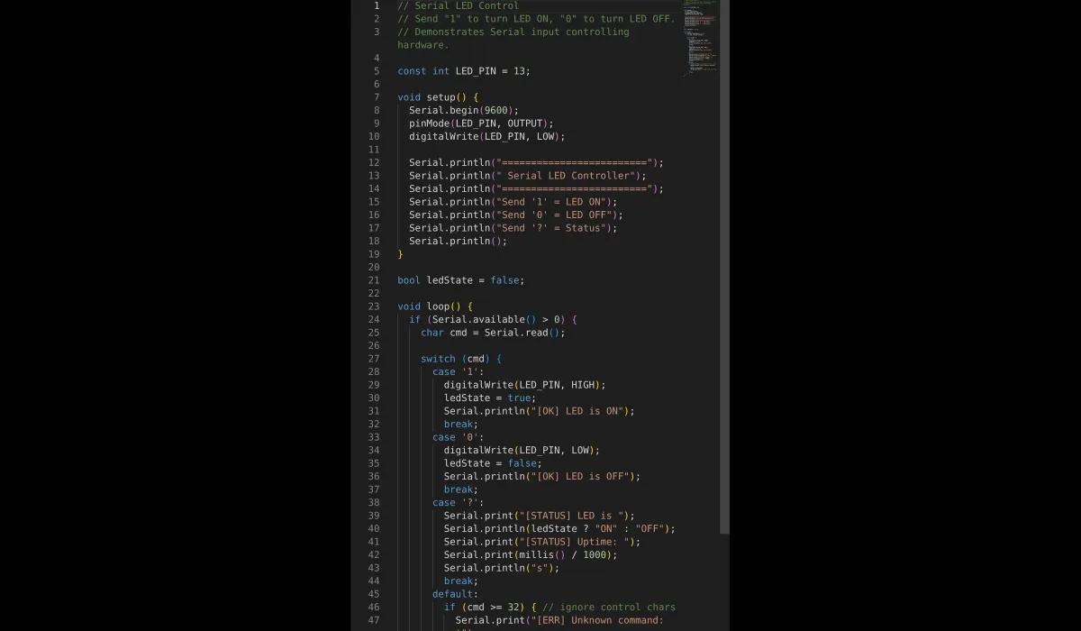 Arduino serial LED control sketch with a switch statement handling commands 1, 0 and question mark