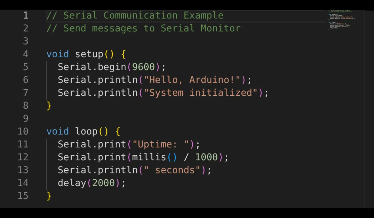 Arduino serial sketch using Serial.begin, Serial.print and millis in the code editor