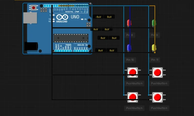 Simon Says game circuit in a browser simulator: Arduino Uno wired to four LEDs and four pushbuttons