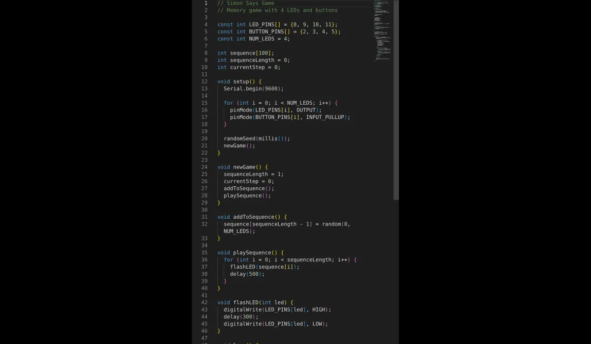 Arduino Simon Says game sketch with LED and button pin arrays in the code editor