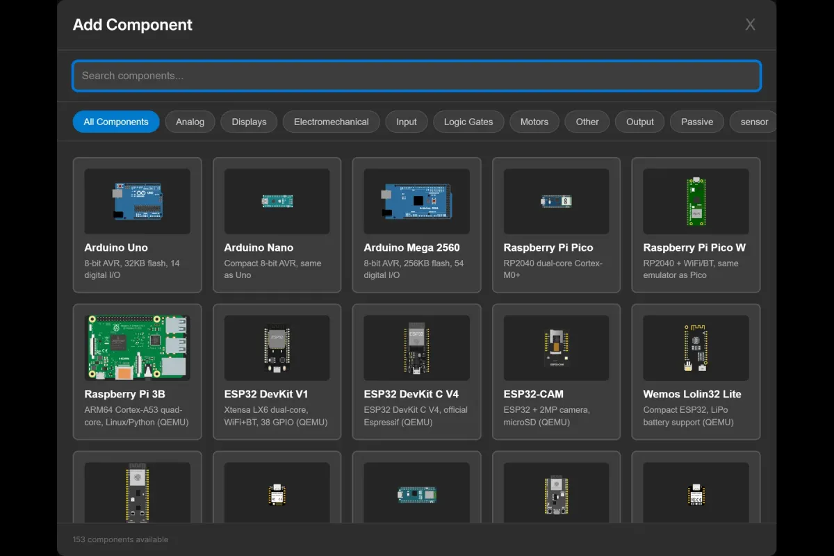Add Component dialog listing Arduino Uno, Nano, Mega, Raspberry Pi Pico and ESP32 boards