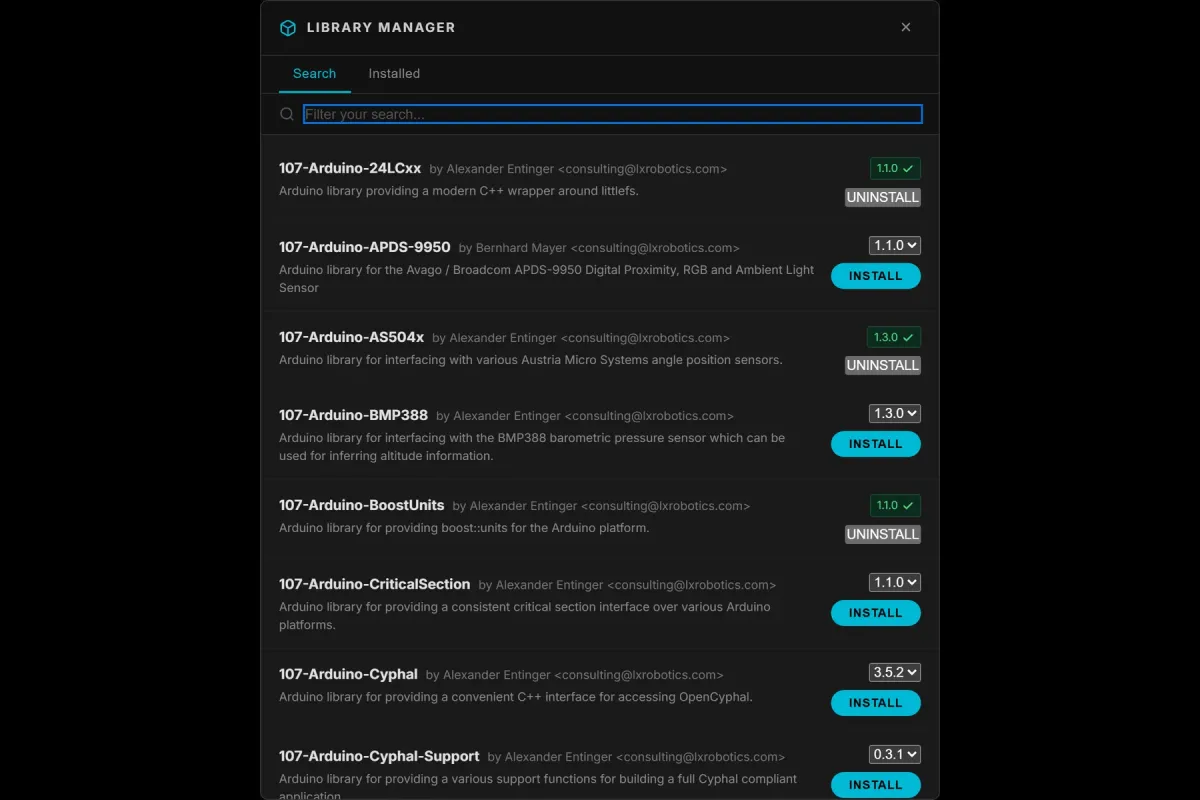 Library manager dialog listing Arduino libraries with install buttons