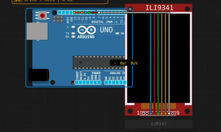 Arduino Uno wired to an ILI9341 TFT display over SPI with CS, DC, RST and backlight pins in a circuit simulator