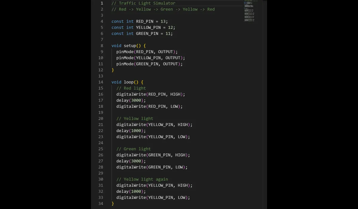 Arduino traffic light sketch with red, yellow and green pin constants in the code editor