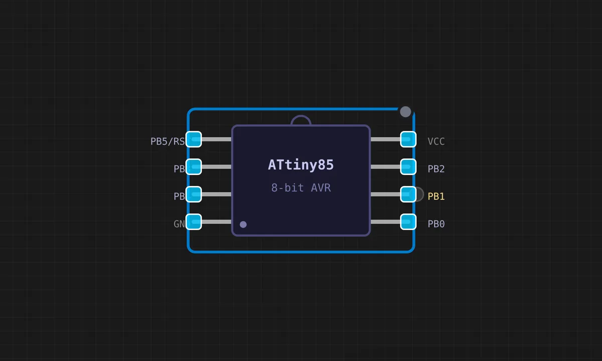 ATtiny85: Blink LED — free online circuit simulator example on Sensbench