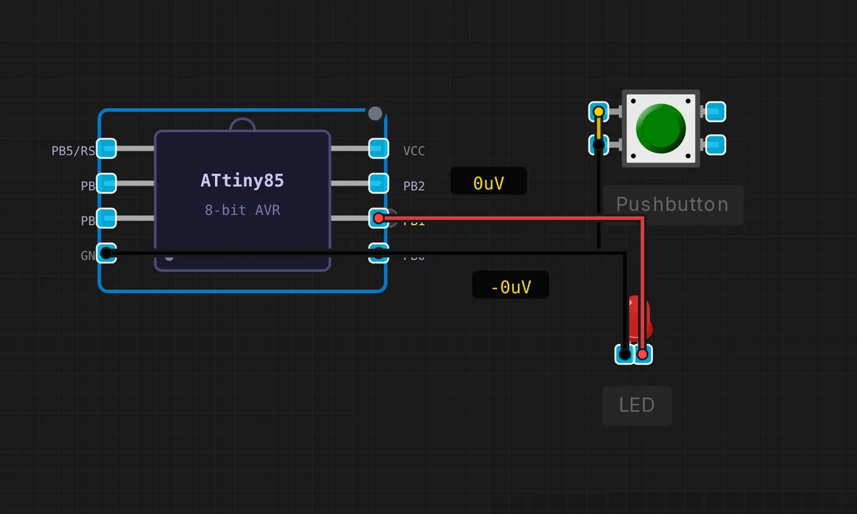ATtiny85: Button + LED — free online circuit simulator example on Sensbench