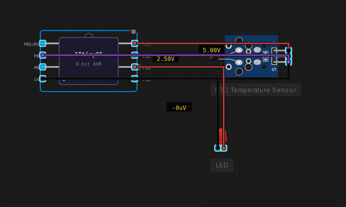 ATtiny85: NTC Temperature Sensor — free online circuit simulator example on Sensbench