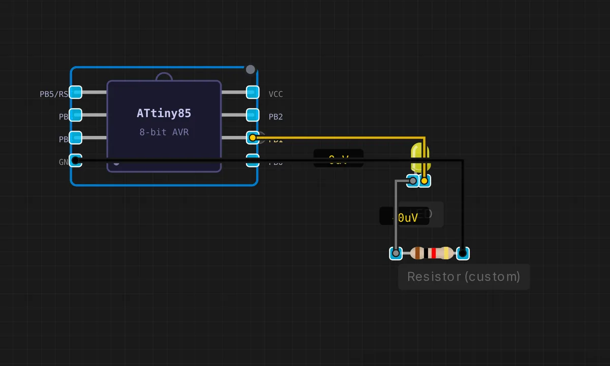 ATtiny85: PWM LED Fade — free online circuit simulator example on Sensbench