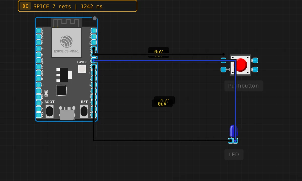 ESP32-C3: Button + LED — free online circuit simulator example on Sensbench