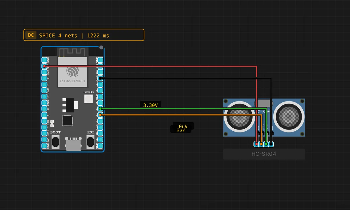 ESP32-C3: HC-SR04 Ultrasonic Distance — free online circuit simulator example on Sensbench