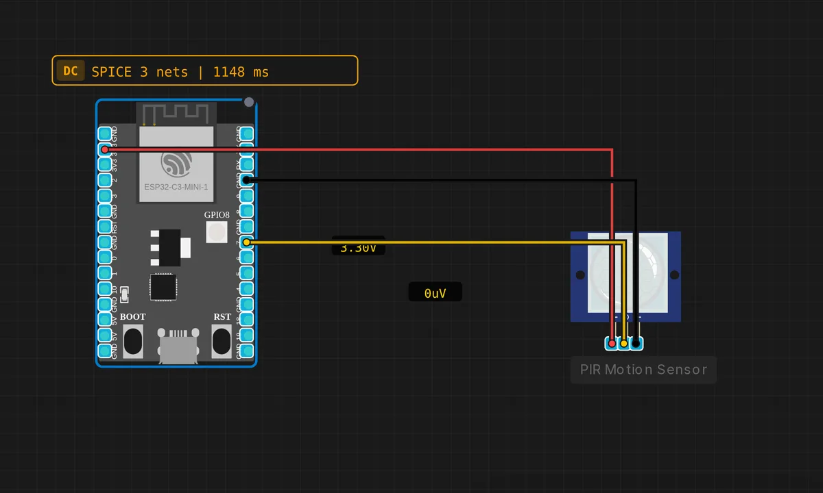 ESP32-C3: PIR Motion Detector — free online circuit simulator example on Sensbench