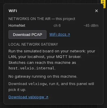 A screenshot of the WiFi panel showing a list of active networks, the connected network's IP address, and a Download PCAP button.