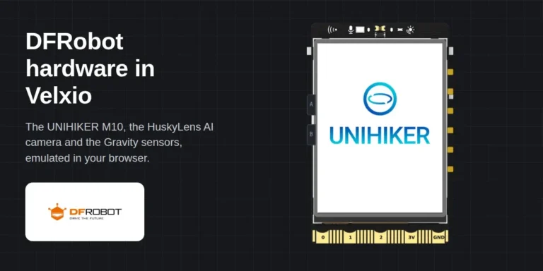 The UNIHIKER M10 in the simulator, showing a clock on its built-in screen.