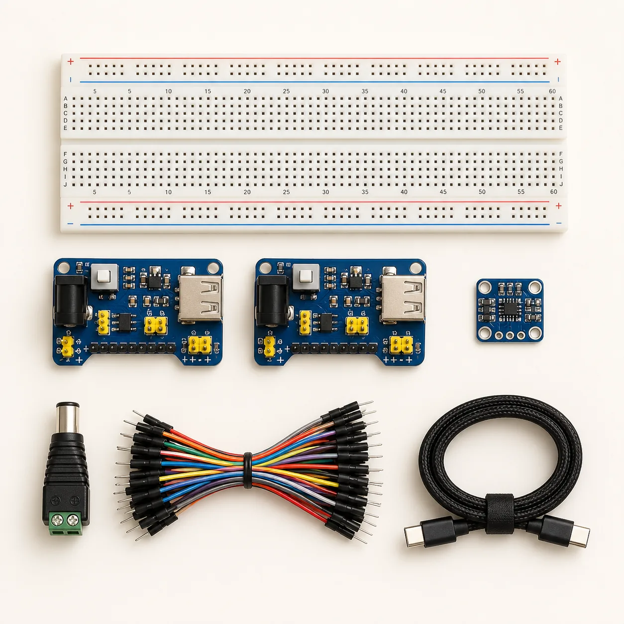 Breadboard Power Studio - 4-rail logged power supply kit contents