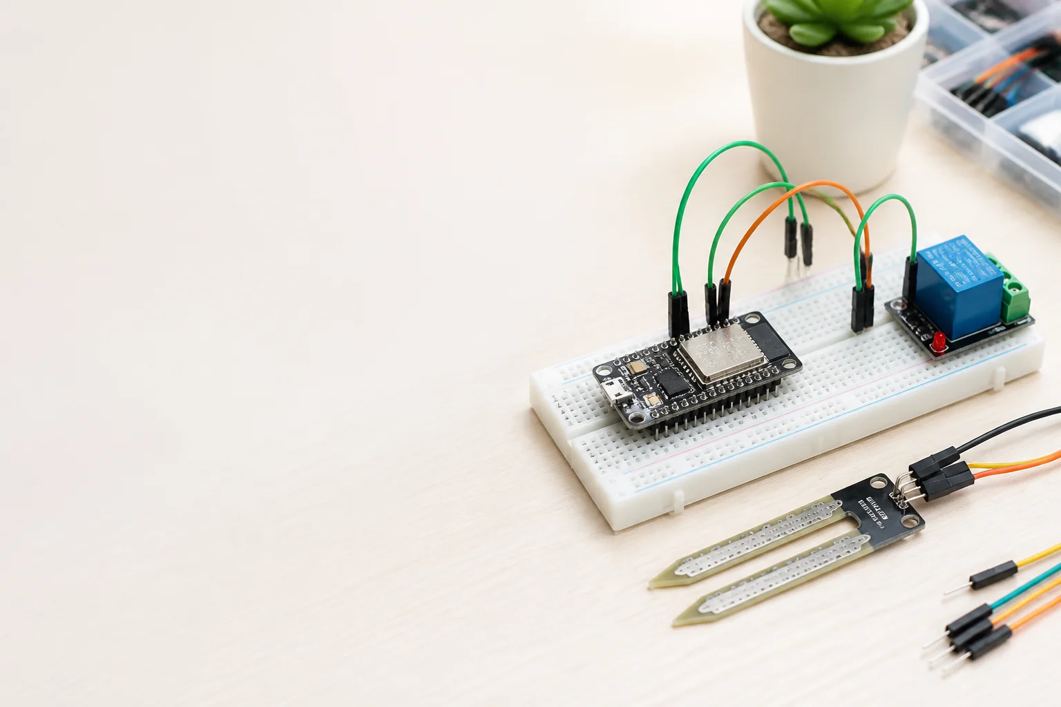 ESP32-C3 development board on a breadboard with relay module, soil moisture sensor and jumper wires on a bright maker workbench