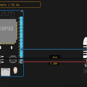 ESP32 simulator canvas with a DevKit and DHT22 sensor in Sensbench