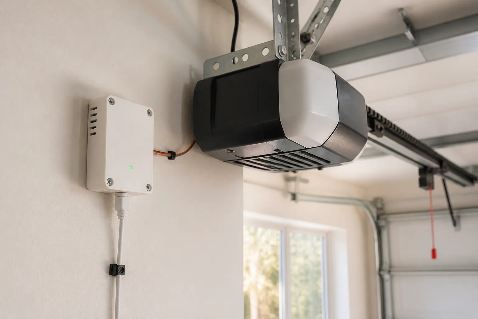 ESP32 garage door opener kit installed: white 3D-printed enclosure mounted beside a garage door motor in a bright residential garage