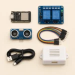 ESP32 garage door opener kit contents: ESP32-C3 board, 2-channel relay module, HC-SR04 ultrasonic sensor, jumper wires, USB-C cable and 3D-printed enclosure