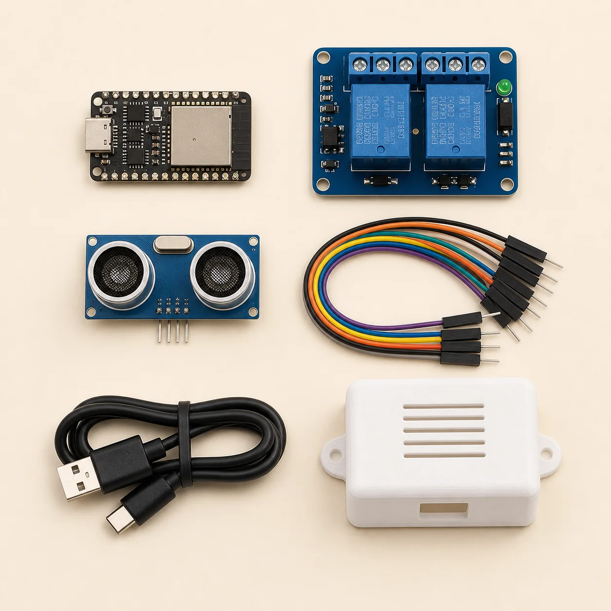 ESP32 garage door opener kit contents: ESP32-C3 board, 2-channel relay module, HC-SR04 ultrasonic sensor, jumper wires and 3D-printed enclosure