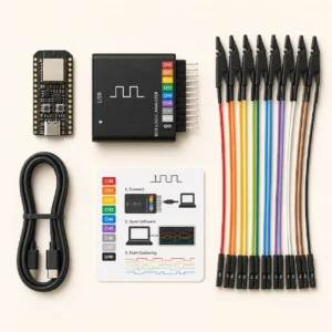 Logic Analyzer Rig kit contents: ESP32-C3 board, 8-channel USB logic analyzer, test hook clips and USB-C cable