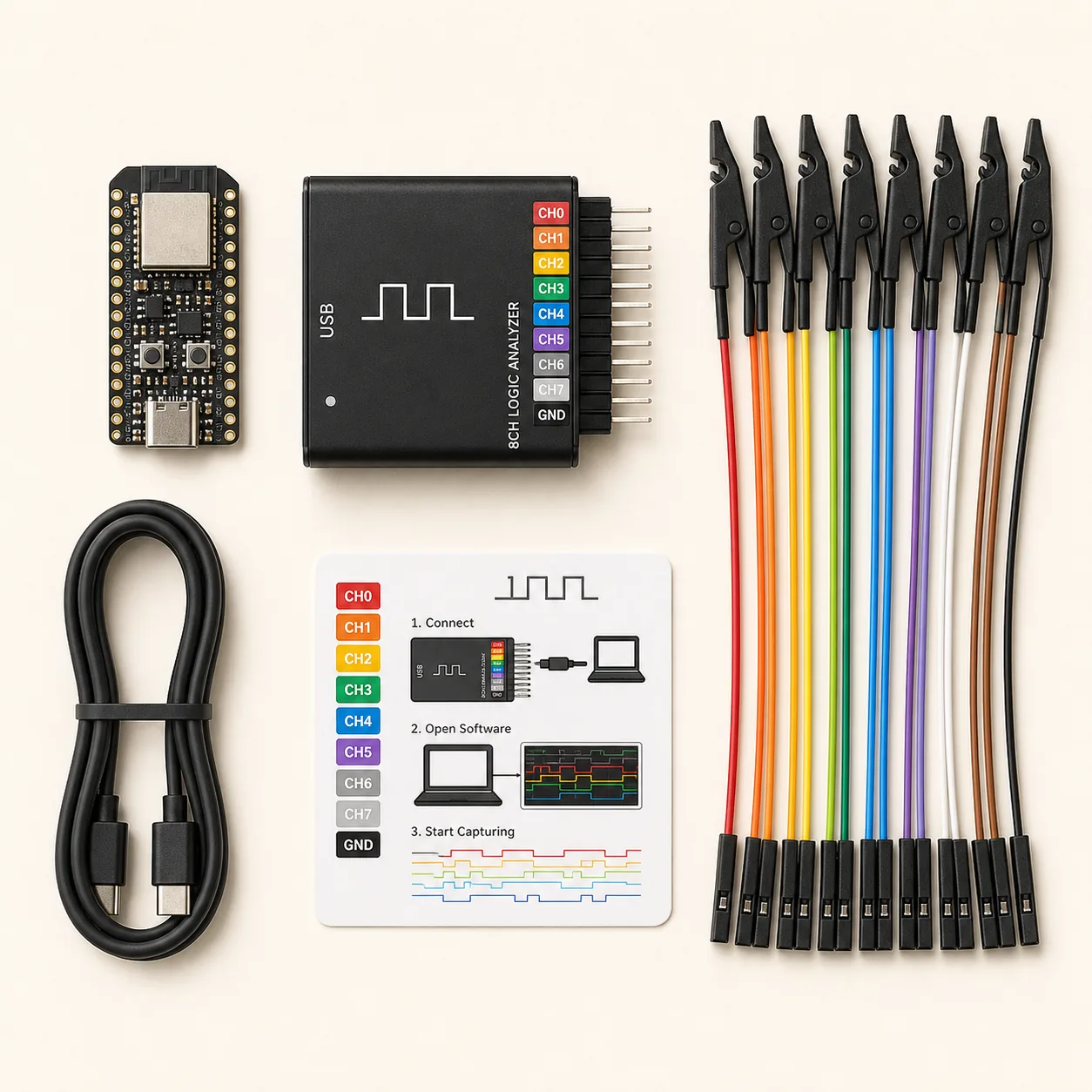 Logic Analyzer Rig - ESP32 8-channel logic analyzer kit contents