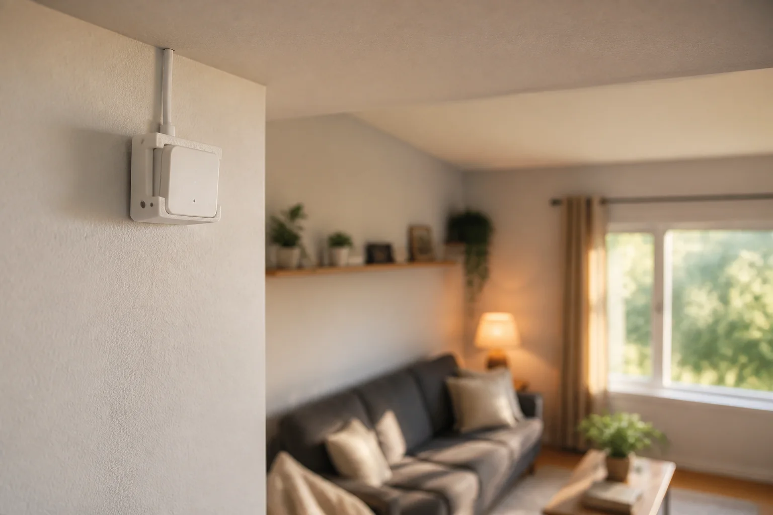 ESP32 mmWave presence sensor kit mounted high on a modern living room wall