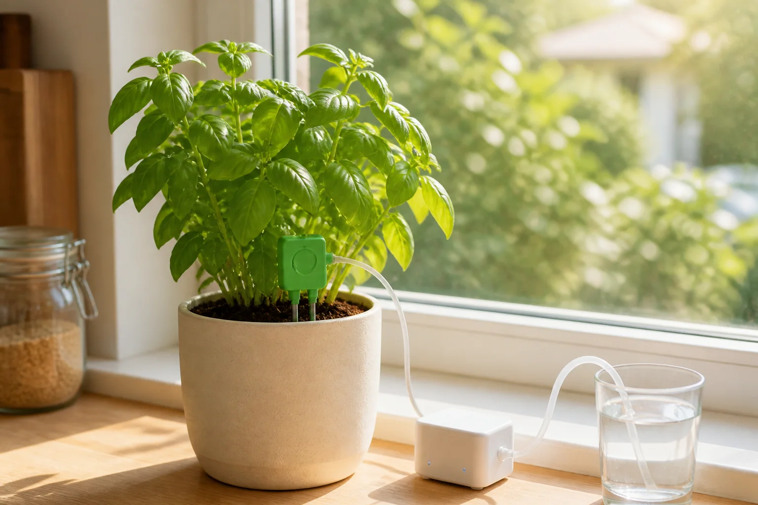 ESP32 plant watering kit running: soil moisture sensor probe in a potted herb on a sunny kitchen windowsill with pump tube
