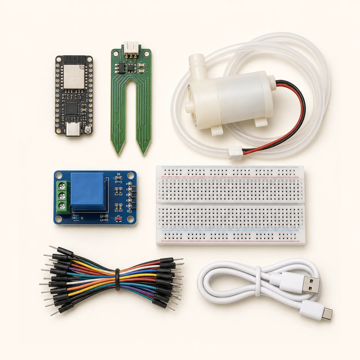 ESP32 plant watering kit contents: ESP32-C3 board, capacitive soil moisture sensor, water pump, relay module and breadboard