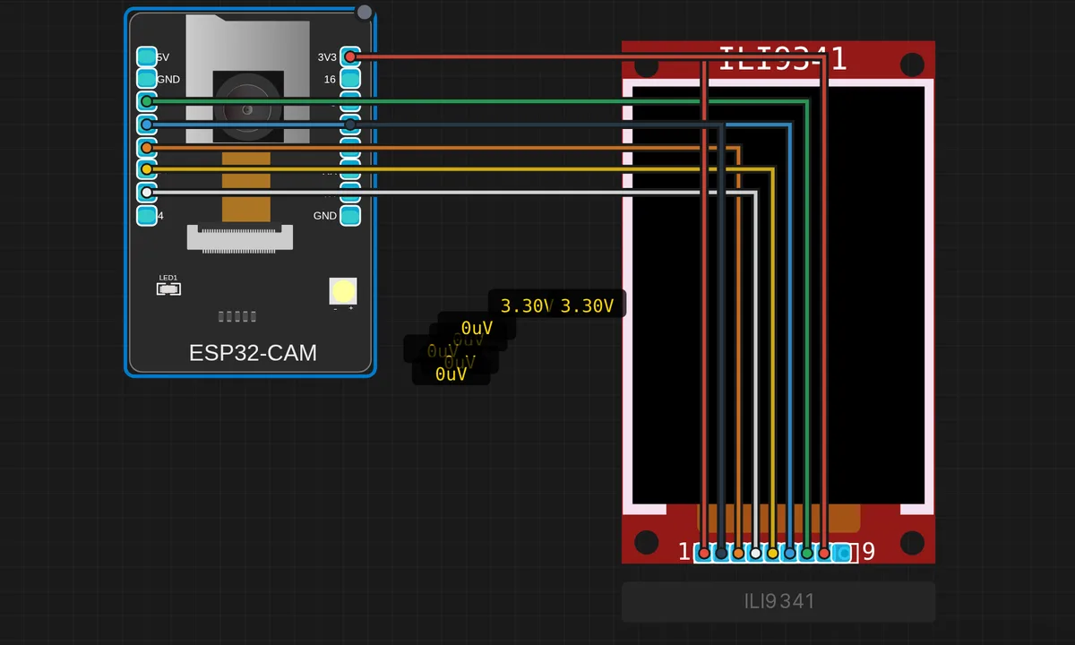 ESP32-CAM + ILI9341 Live Preview — free online circuit simulator example on Sensbench