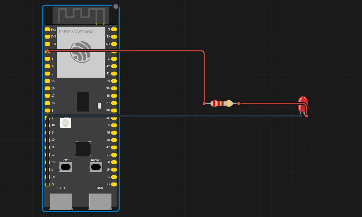 ESP32-S3 DevKitC-1 blinking an external red LED on GPIO4 in the Sensbench simulator