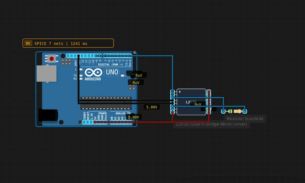 DC Motor Control (L293D) — free online circuit simulator example on Sensbench