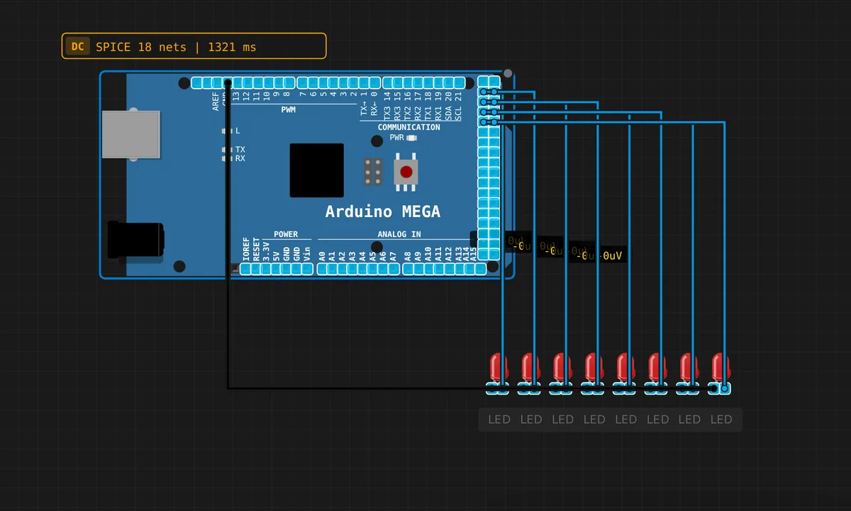 Arduino Mega 16-LED Bar — free online circuit simulator example on Sensbench