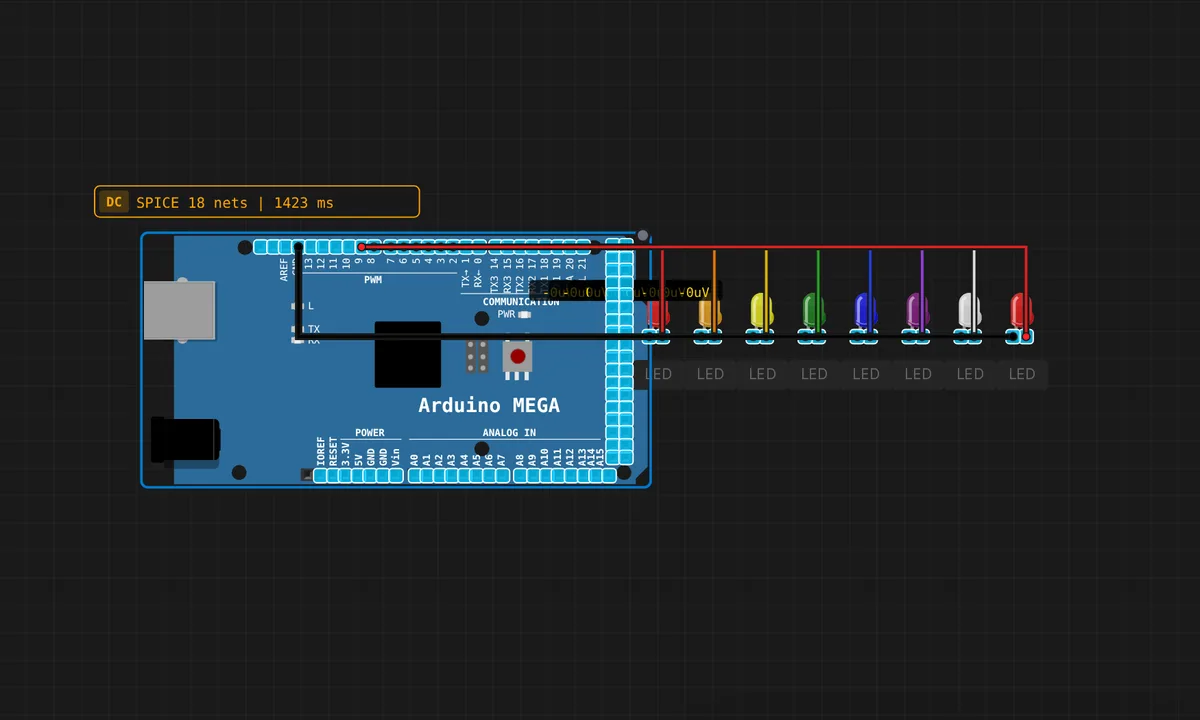 Mega: Serial LED Control — free online circuit simulator example on Sensbench
