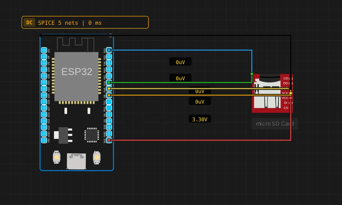 ESP32 reading and writing files on a microSD card over VSPI in the Sensbench simulator