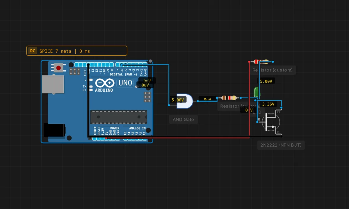 Mixed: MCU + AND gate + transistor (coexistence test) — free online circuit simulator example on Sensbench