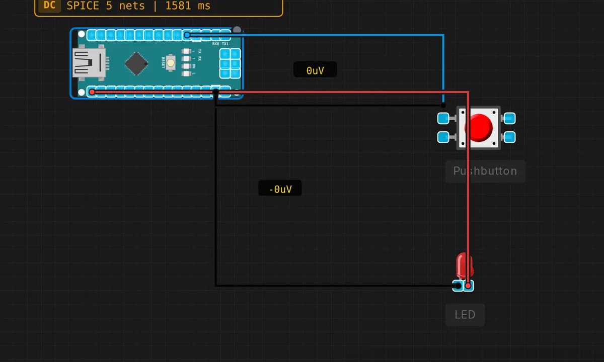 Nano: Button + LED — free online circuit simulator example on Sensbench