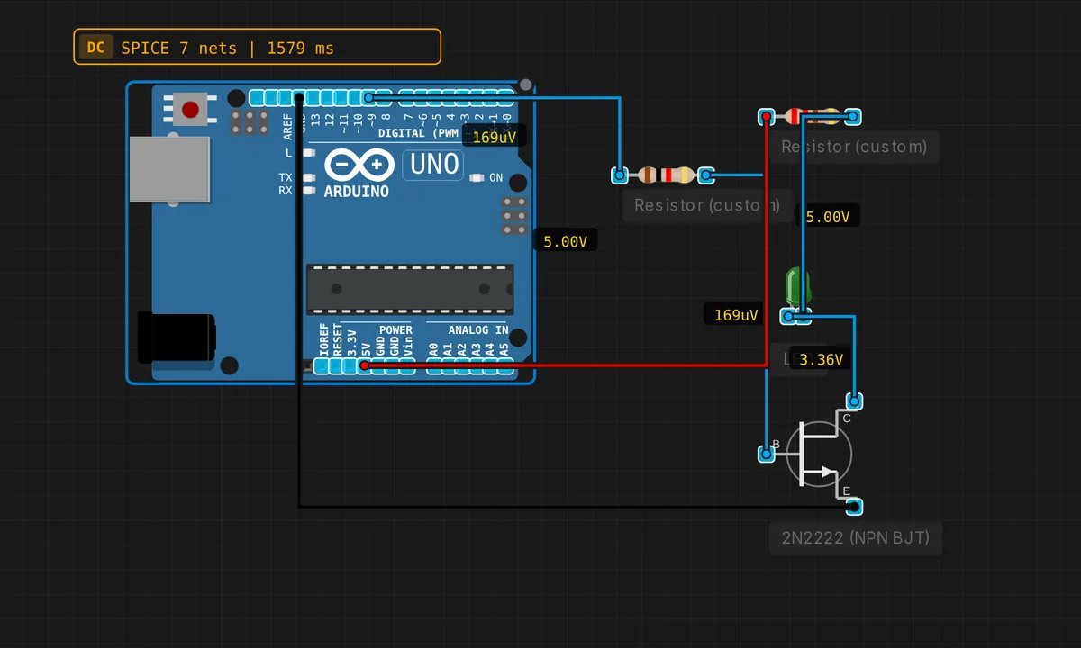 NPN Transistor LED Switch — free online circuit simulator example on Sensbench
