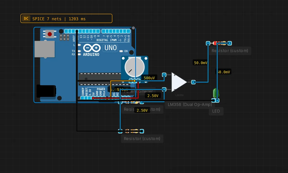 Comparator with LED — free online circuit simulator example on Sensbench