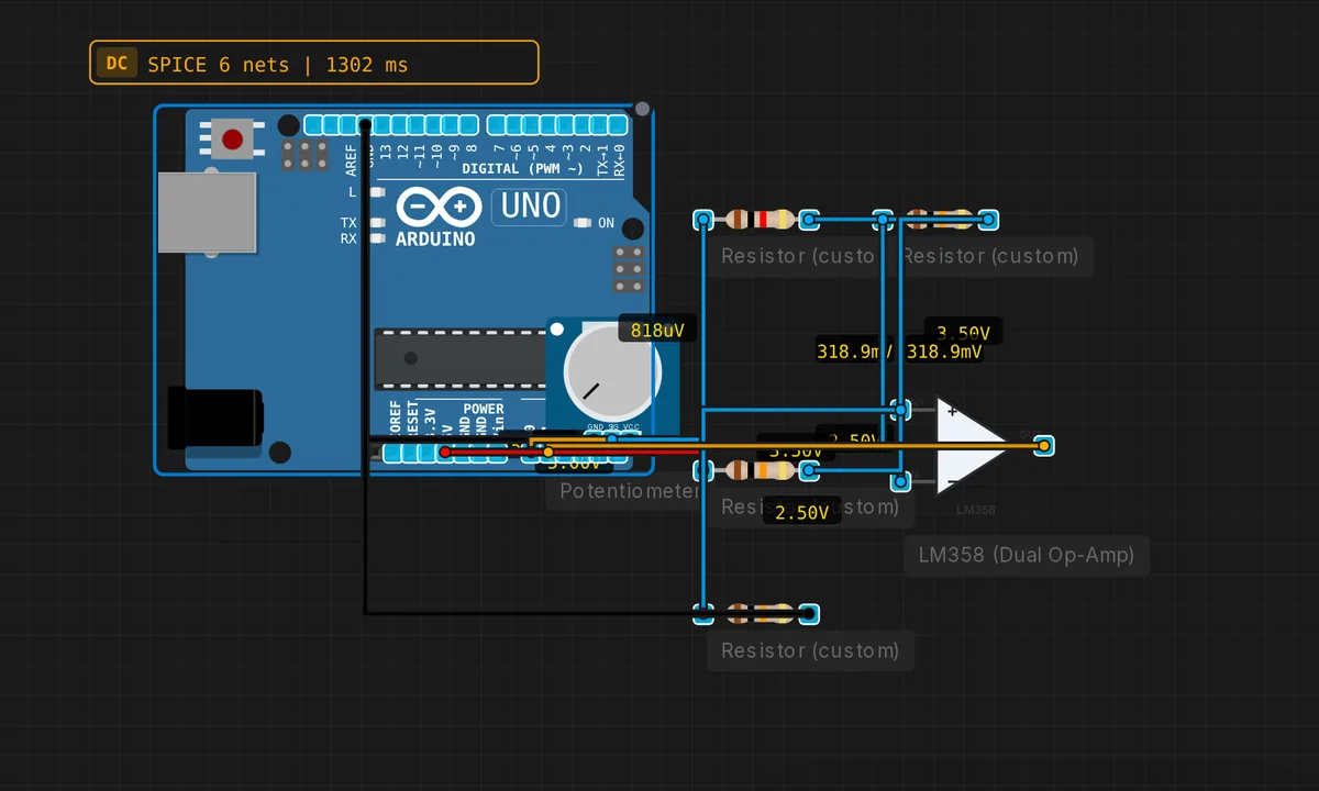 Inverting Amplifier (LM358) — free online circuit simulator example on Sensbench