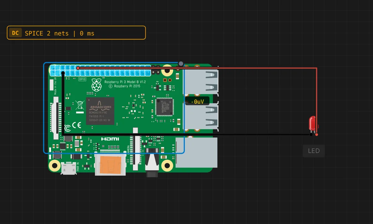 [Pi 3] Blink an LED — free online circuit simulator example on Sensbench
